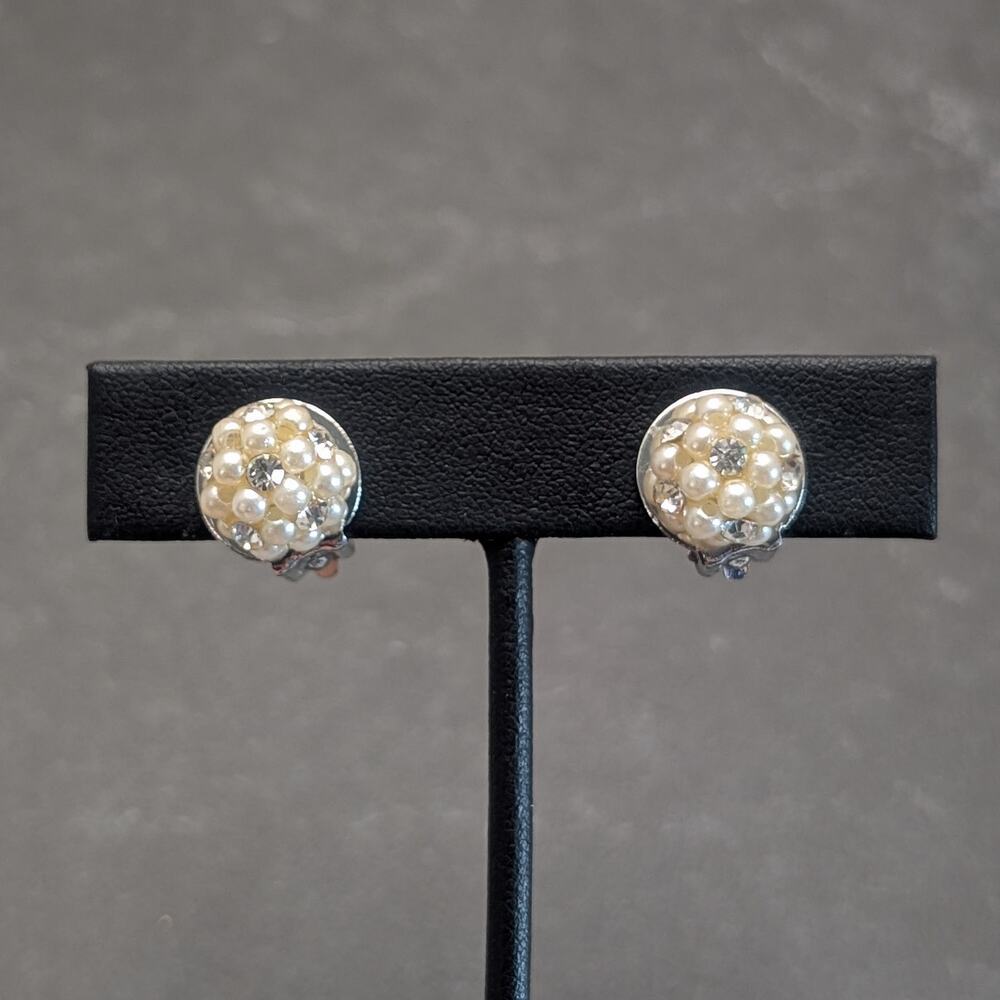 Vintage Clip On Earrings Dainty Faux Pearl and Clear Gem Stylish Elegant Glam